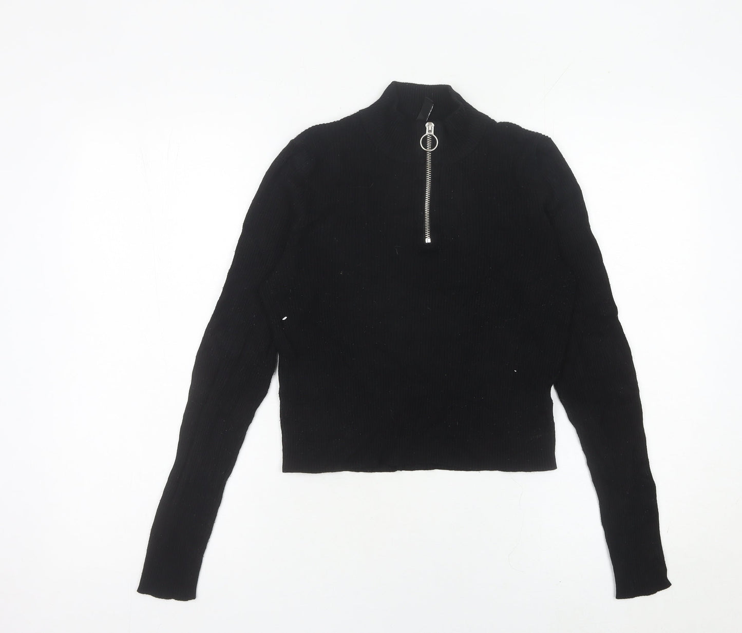 H&M Divided Women’s Black Slim Fit Cropped Knit Zip Mock Neck Top M