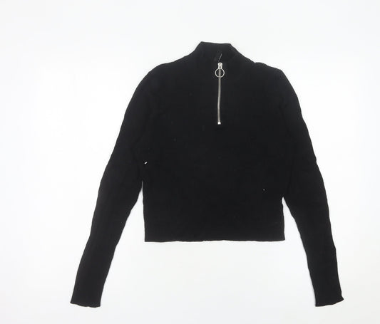H&M Divided Women’s Black Slim Fit Cropped Knit Zip Mock Neck Top M