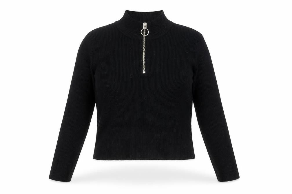 H&M Divided Women’s Black Slim Fit Cropped Knit Zip Mock Neck Top M