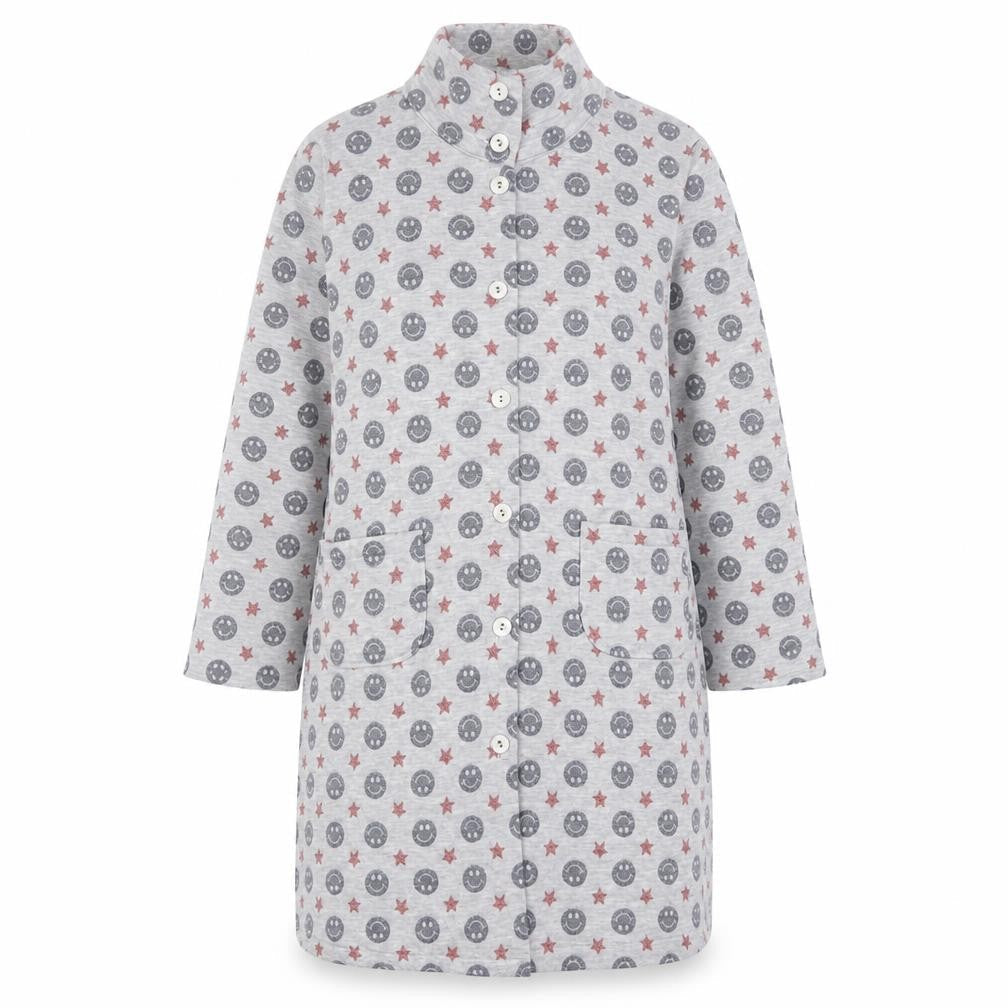 LEONA Women’s Grey Coatigan L Smiley Star Print Mid-Length Jacket