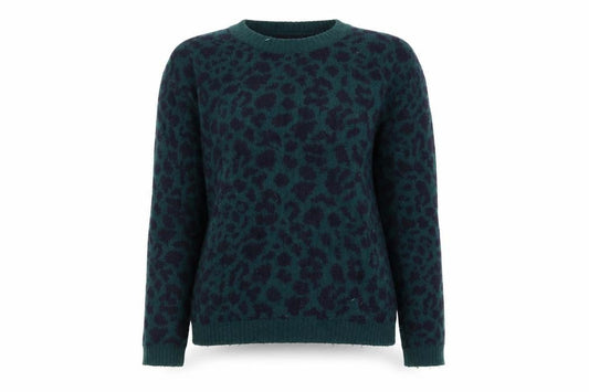 Front view of French Connection Women’s Green Leopard Print Jumper, size S, Pullover Knitwear