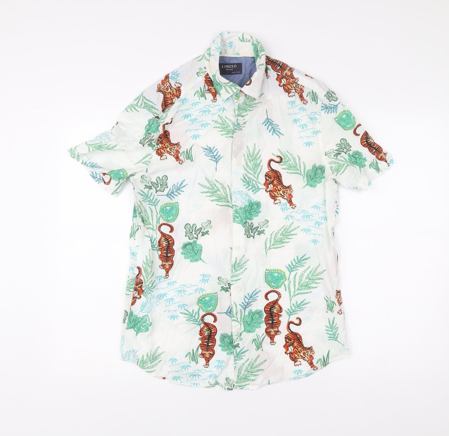Marks and Spencer Men’s White Tiger Print Short Sleeve Casual Shirt S