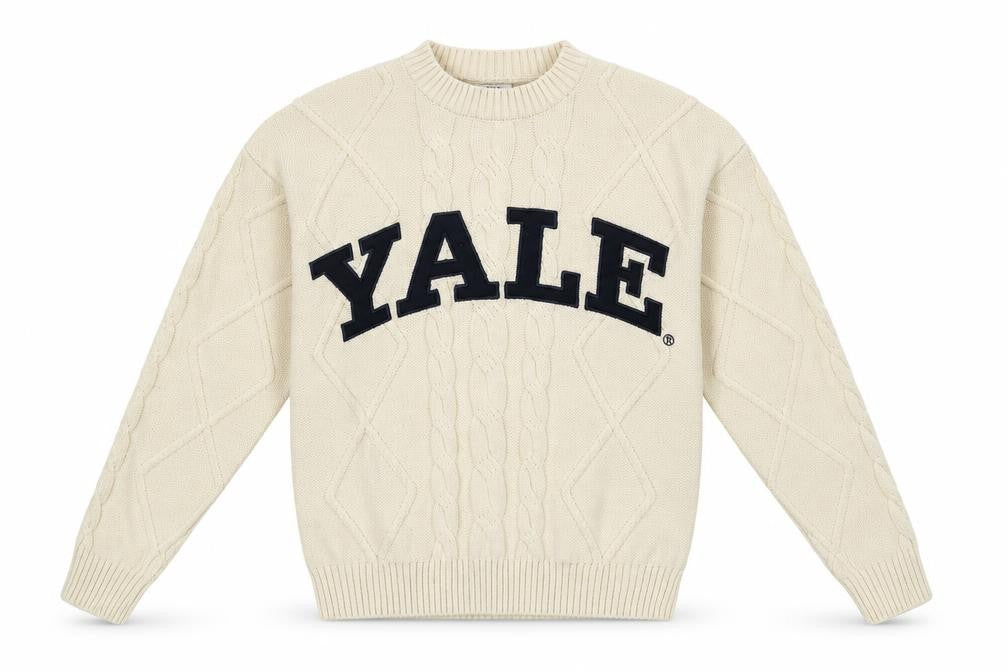 Yale University Men’s Ivory Cable Knit Jumper Size S Logo Pullover