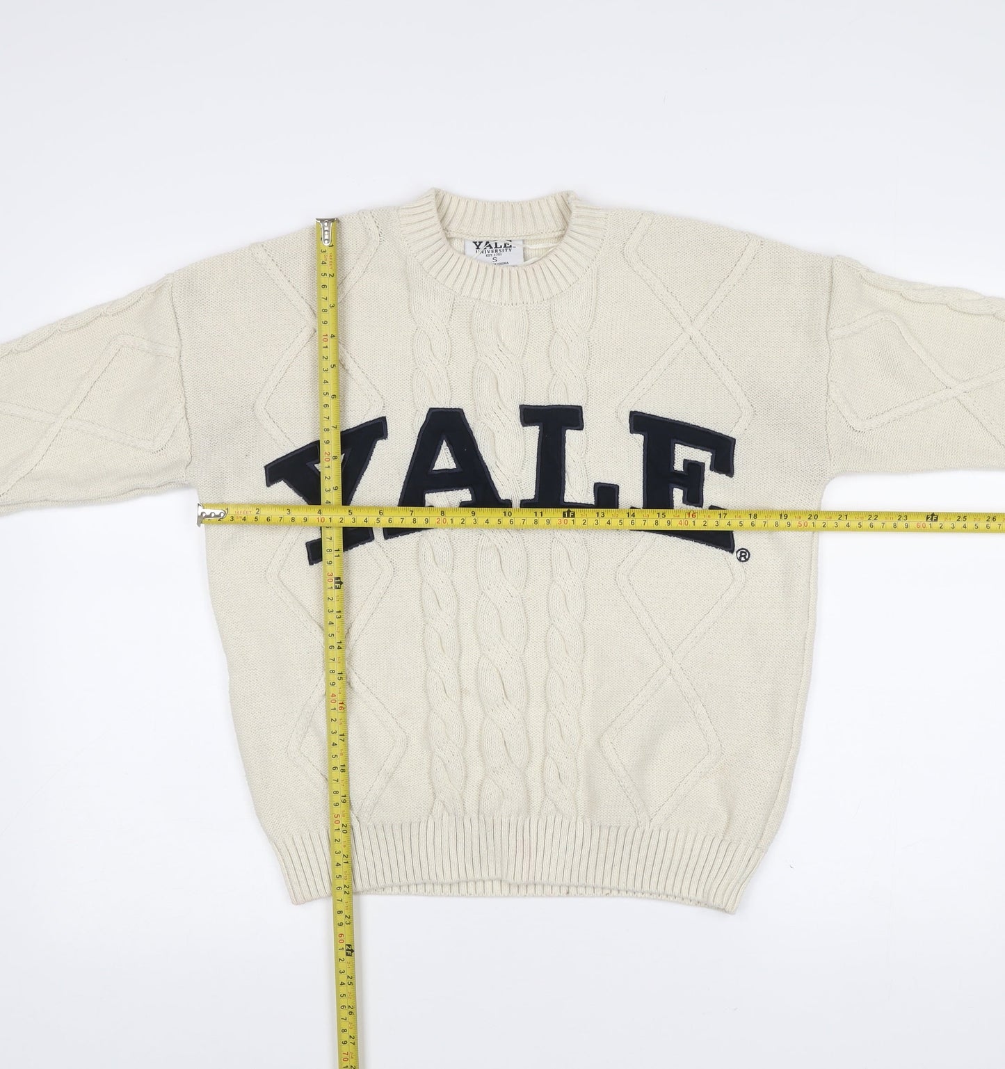 Yale University Men’s Ivory Cable Knit Jumper Size S Logo Pullover