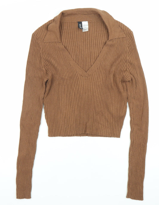 H&M Divided Womens Brown Cropped Knit Collared Blouse Size M