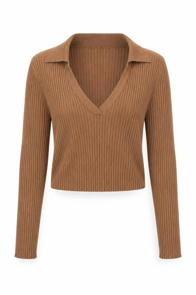 H&M Divided Womens Brown Cropped Knit Collared Blouse Size M