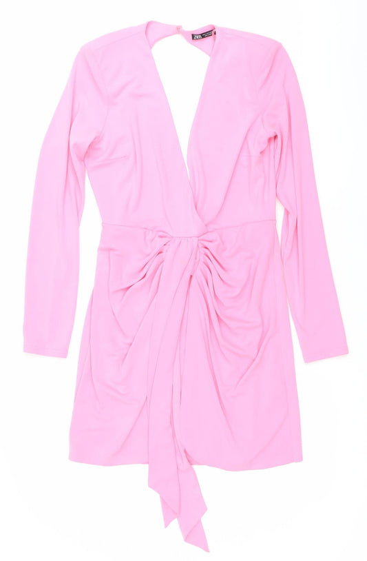 Zara Women’s Pink Wrap Dress Size 12 Long Sleeve V-Neck Party