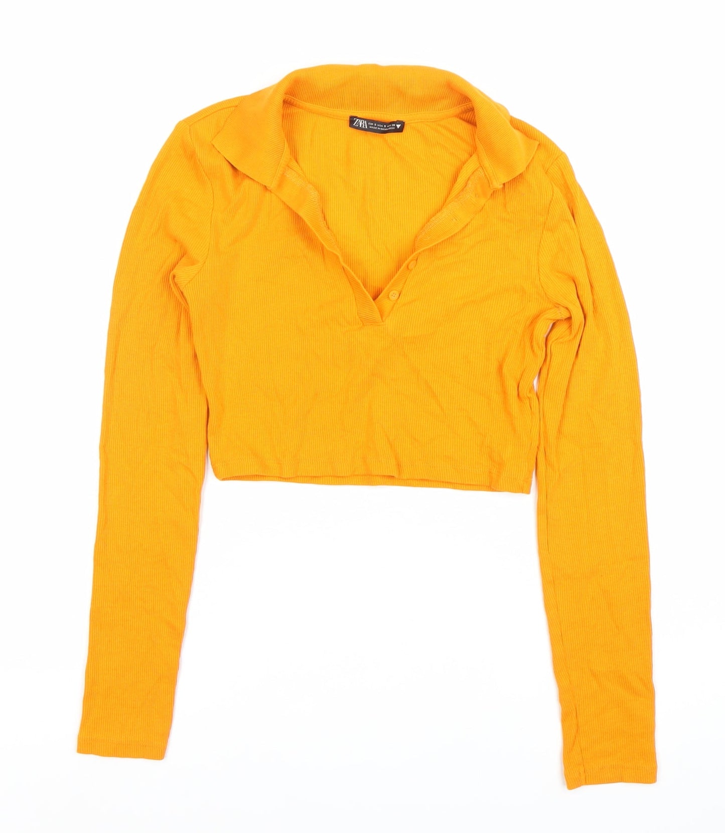 Zara Women Orange Cropped Collared Button-Up Top Long Sleeve S