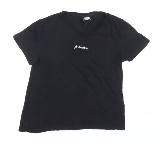 H&M Women’s Black XS Embroidered Je T’adore Casual T-Shirt