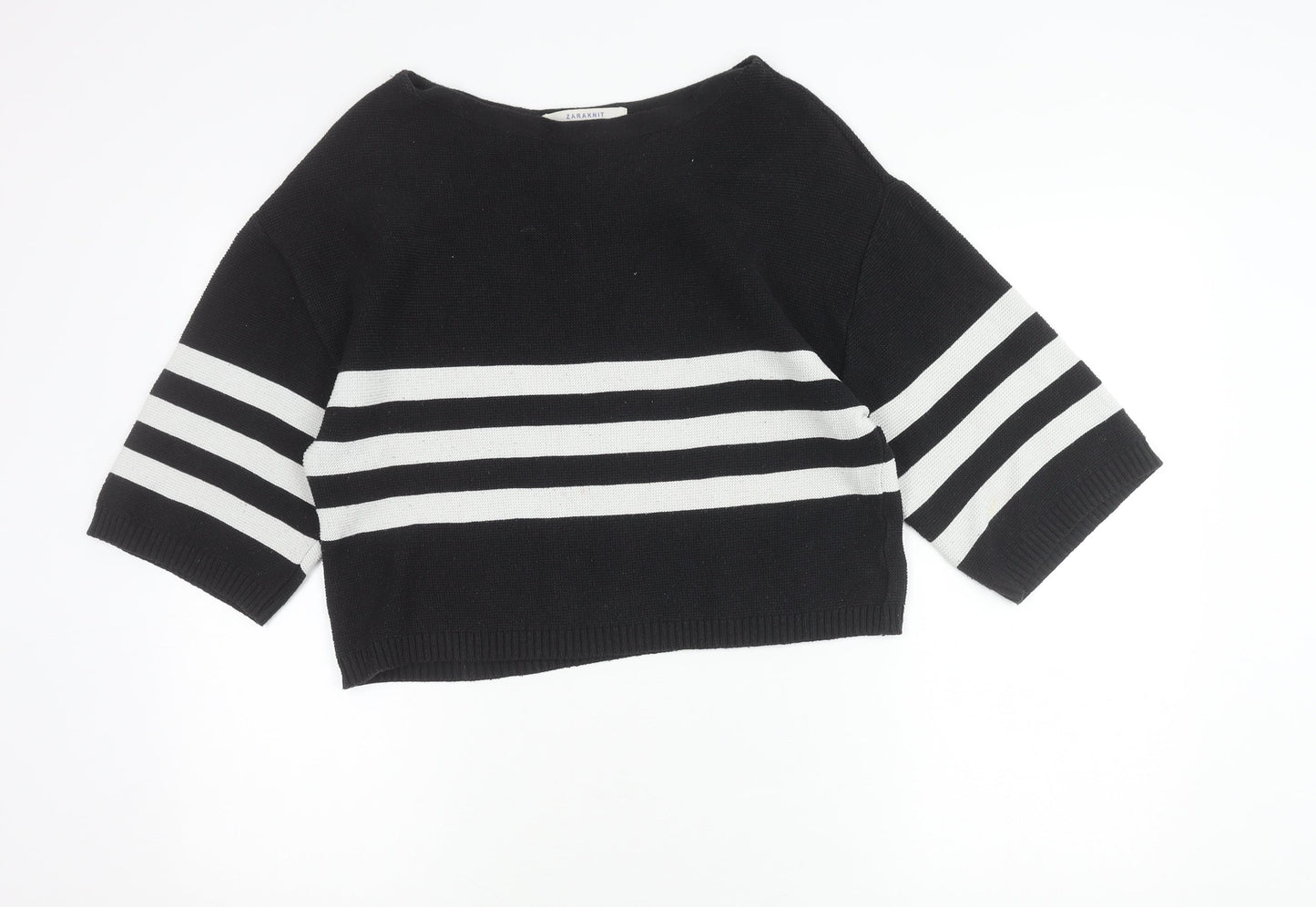 Zara Women Black Striped Boat Neck Knit Jumper Size L