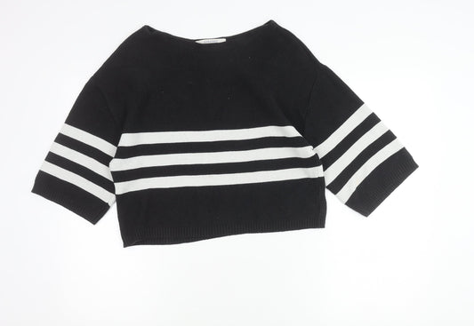 Zara Women Black Striped Boat Neck Knit Jumper Size L