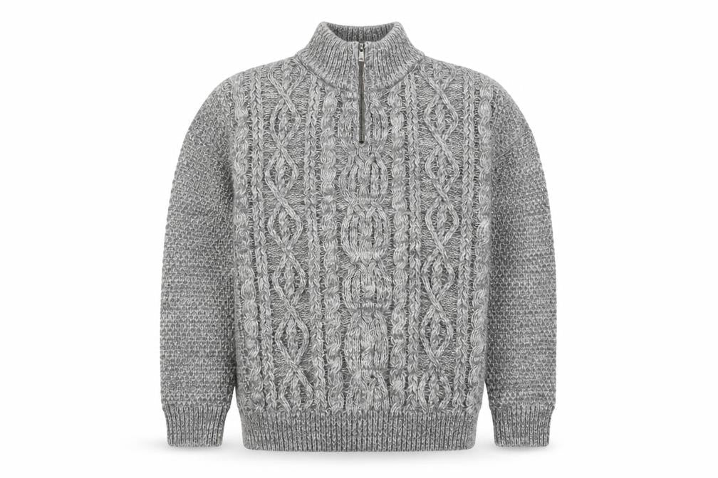 Easy Mens Grey Cable-Knit Mock Neck 1/4 Zip Pullover Jumper L