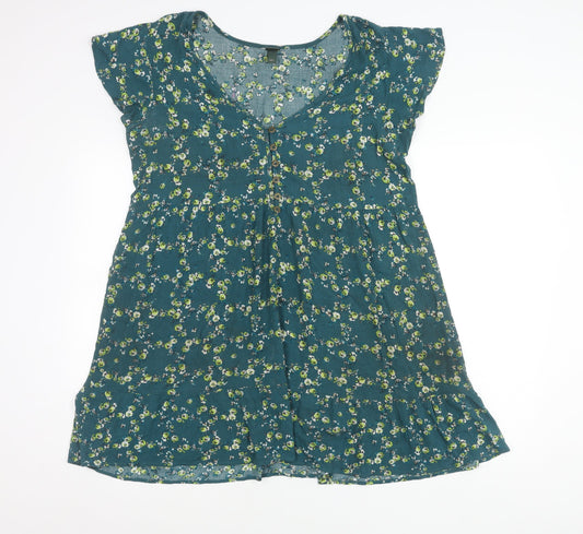 Wild Fable Women’s Green Floral A-Line Dress Size L V-Neck Casual