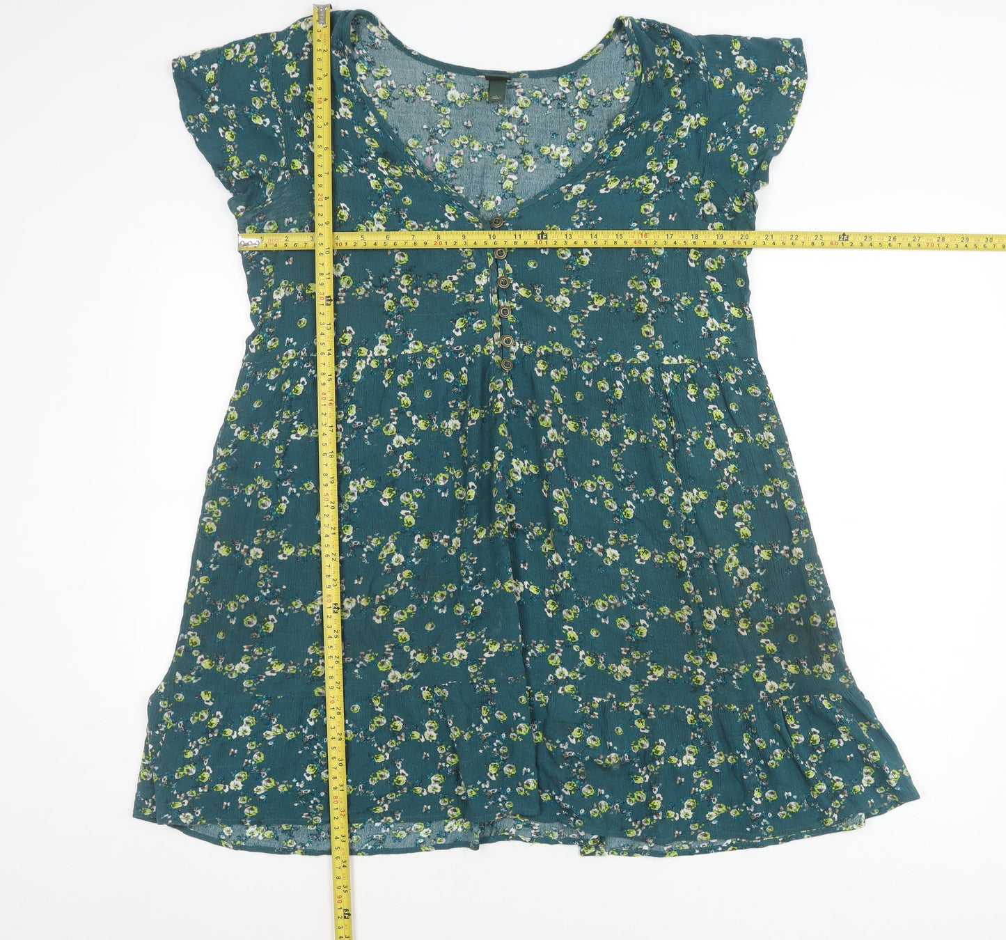 Wild Fable Women’s Green Floral A-Line Dress Size L V-Neck Casual