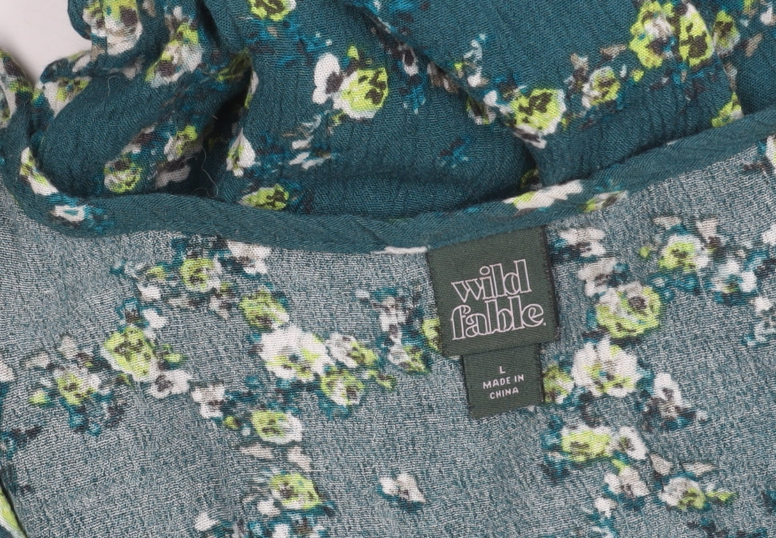 Wild Fable Women’s Green Floral A-Line Dress Size L V-Neck Casual