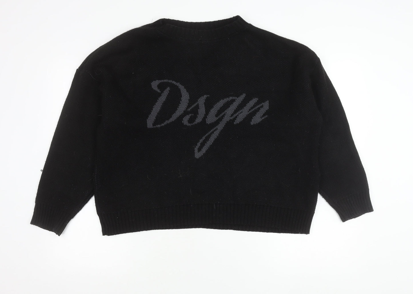 Boohoo Womens Black Pullover Jumper S Crew Neck Logo Acrylic Knit
