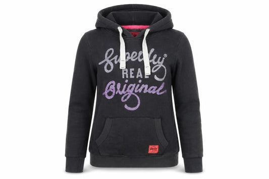Superdry Womens Black Pullover Hoodie XS Graphic Logo Hooded Sweatshirt