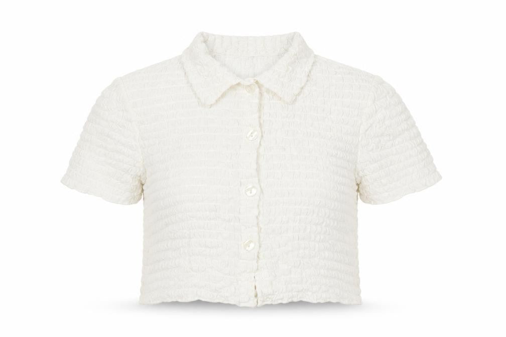 Bershka Women Ivory XS Cropped Button-Up Collared Shirt