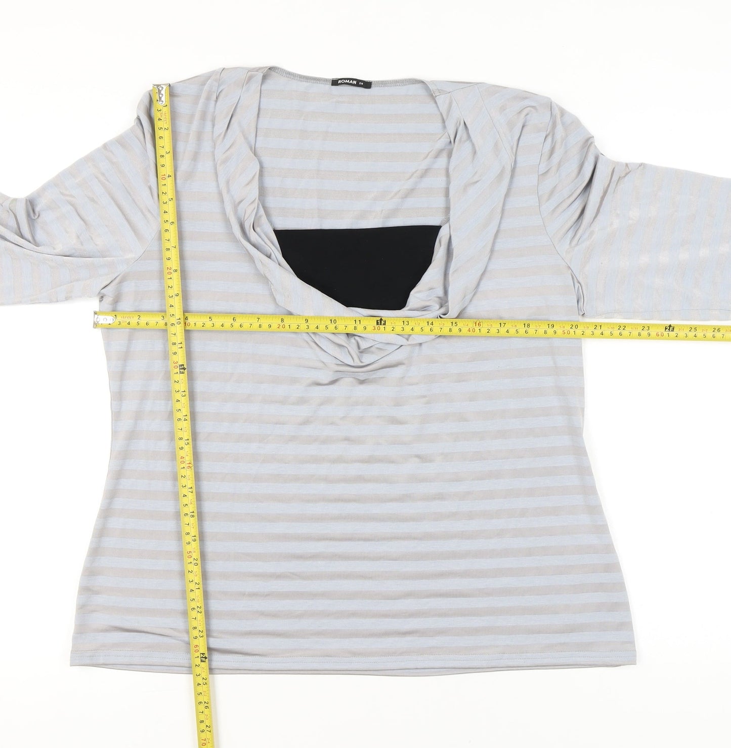 Roman Women Grey Striped Tunic Blouse Size 20 Cowl Neck 3/4 Sleeve