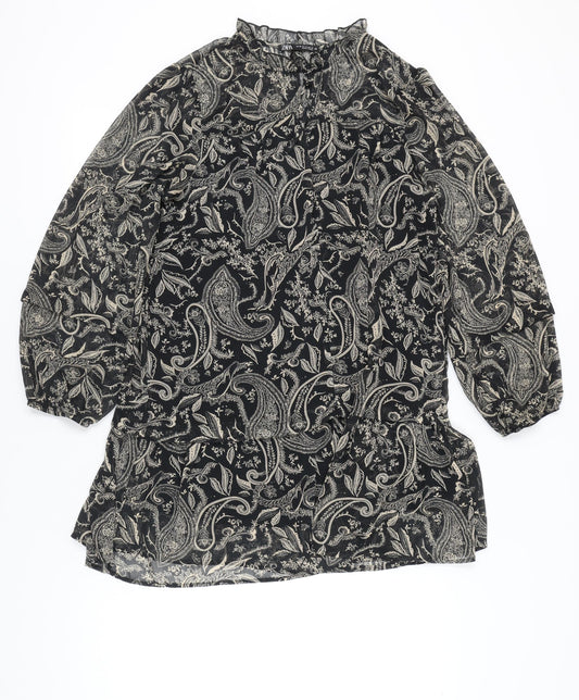 Zara Women Black XS Paisley Shift Mini Dress Long Sleeve