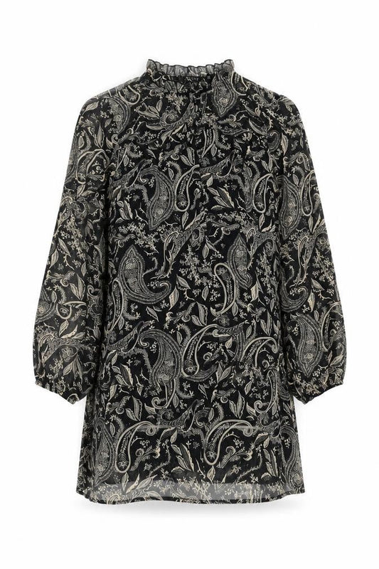 Zara Women Black XS Paisley Shift Mini Dress Long Sleeve