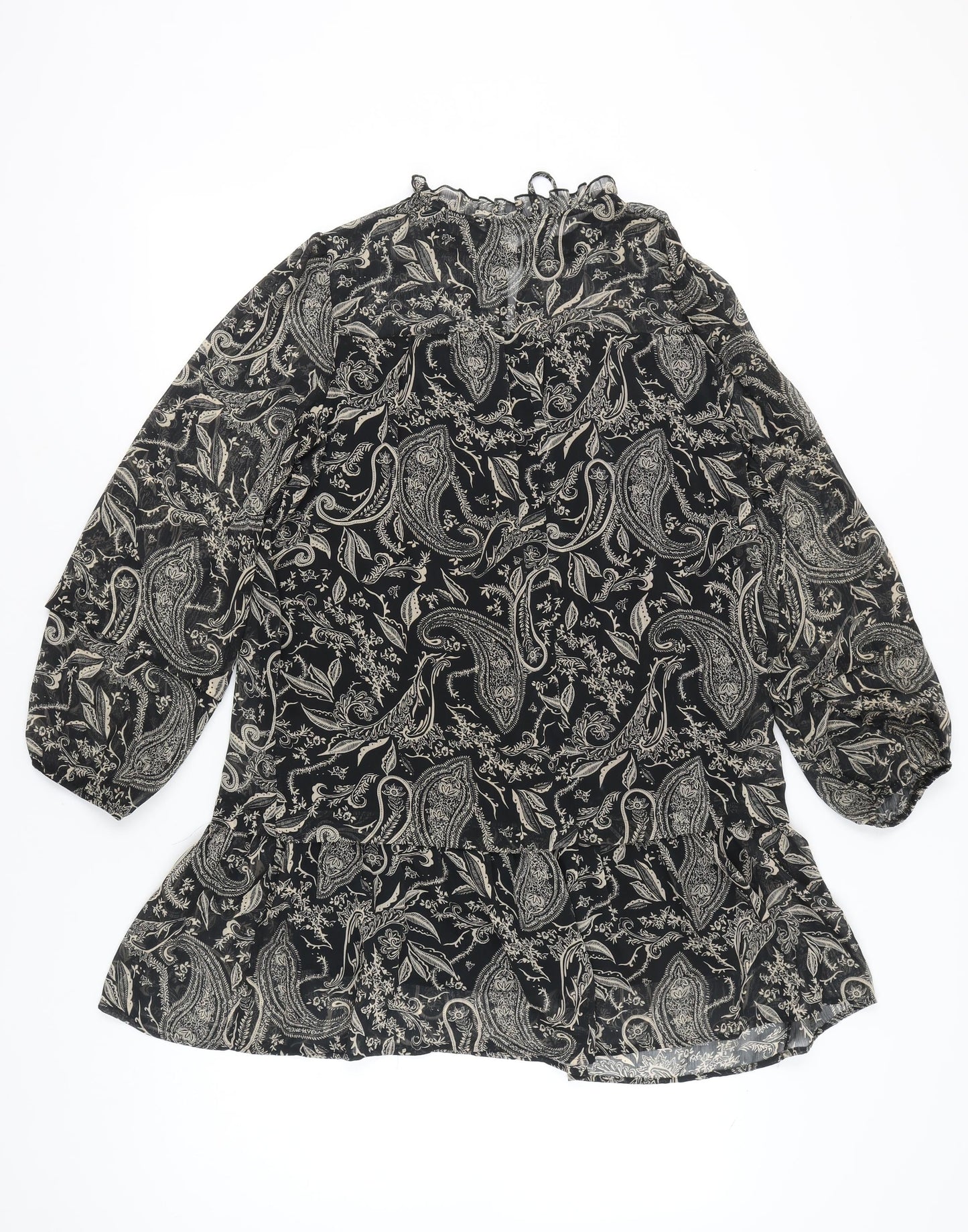 Zara Women Black XS Paisley Shift Mini Dress Long Sleeve
