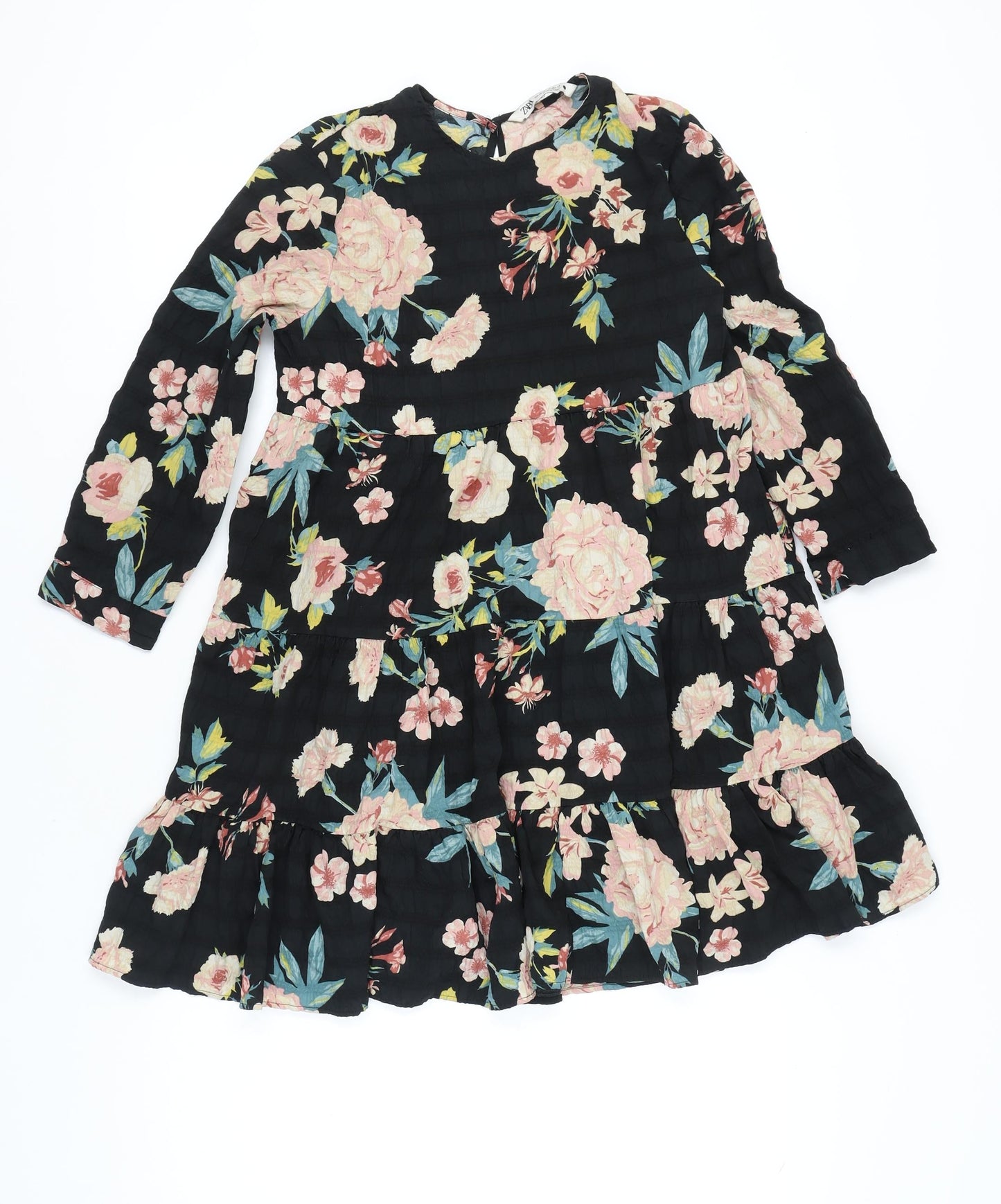 Zara Womens Black Floral Long Sleeve A-Line Dress XS