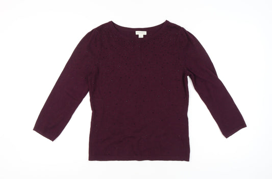Monsoon Womens Purple Beaded Jumper Size 12 Crew Neck Pullover