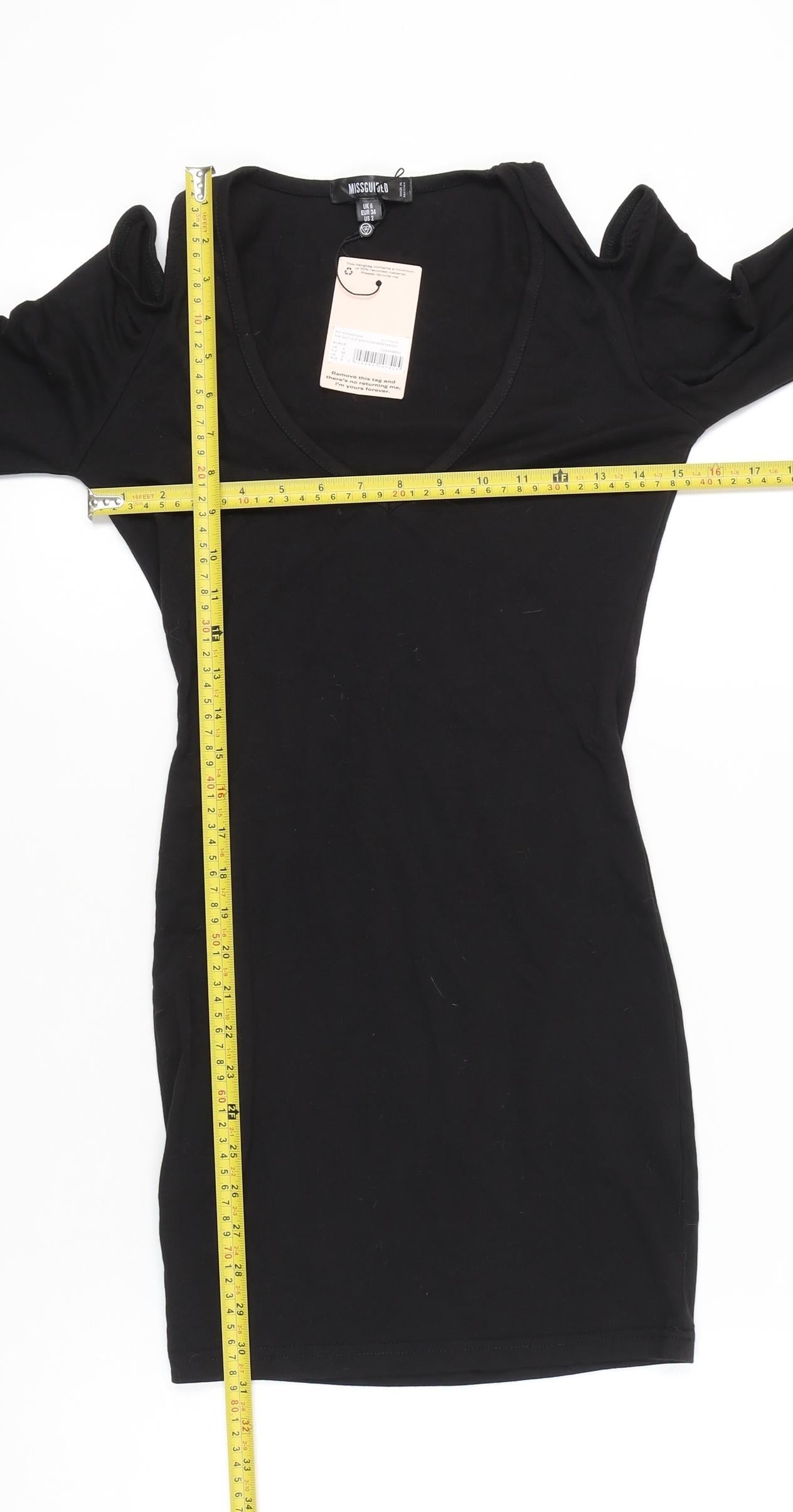 Missguided Women Black Bodycon Mini Dress UK 6 Cold Shoulder V-Neck