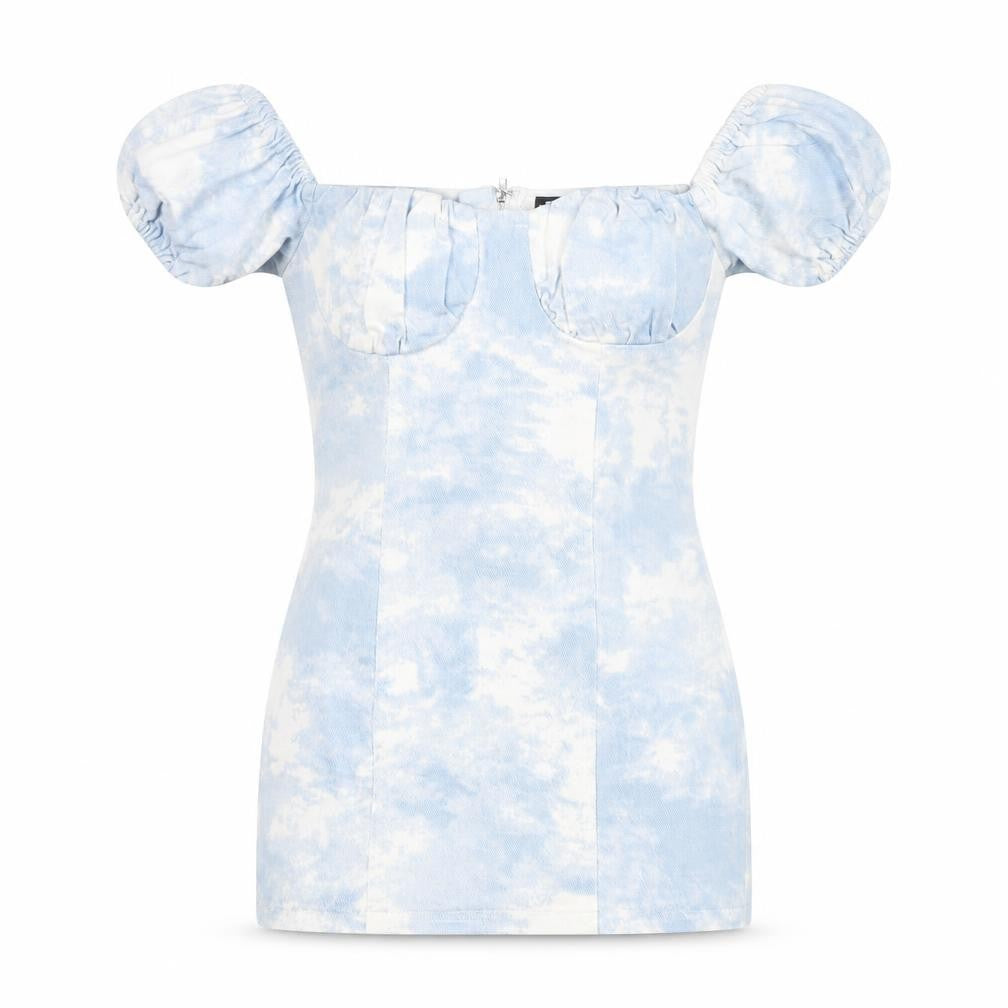 PRETTYLITTLETHING Women’s Blue Tie Dye Puff Sleeve Bodycon Dress Size 2