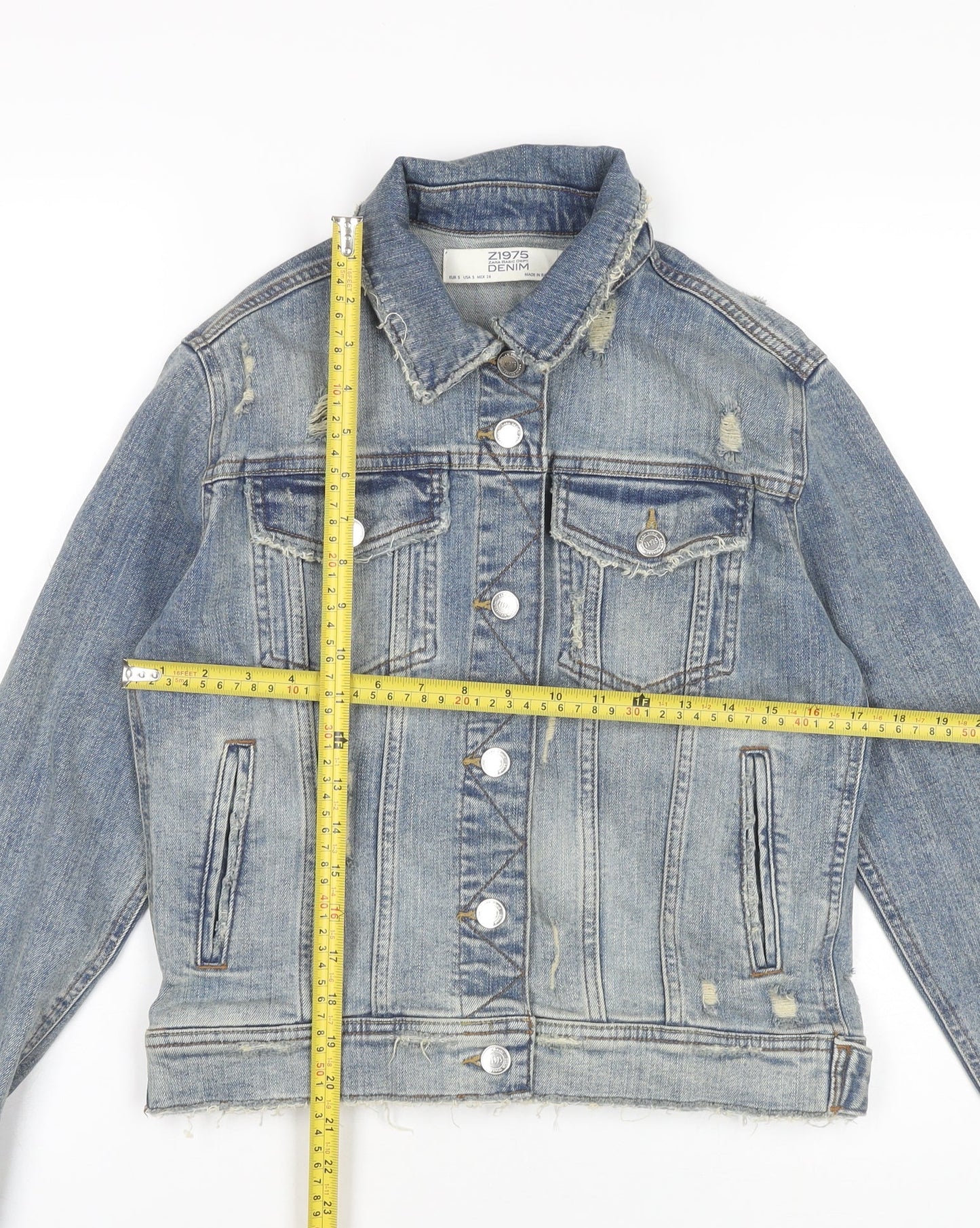Zara Women Blue Denim Distressed Jacket Size 8 Casual Buttoned