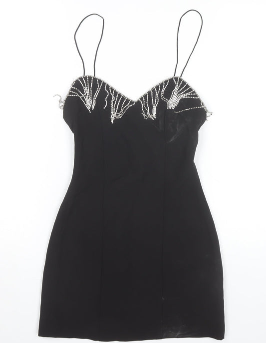 Zara Womens Black XS Bodycon Party Mini Dress Beaded Strappy