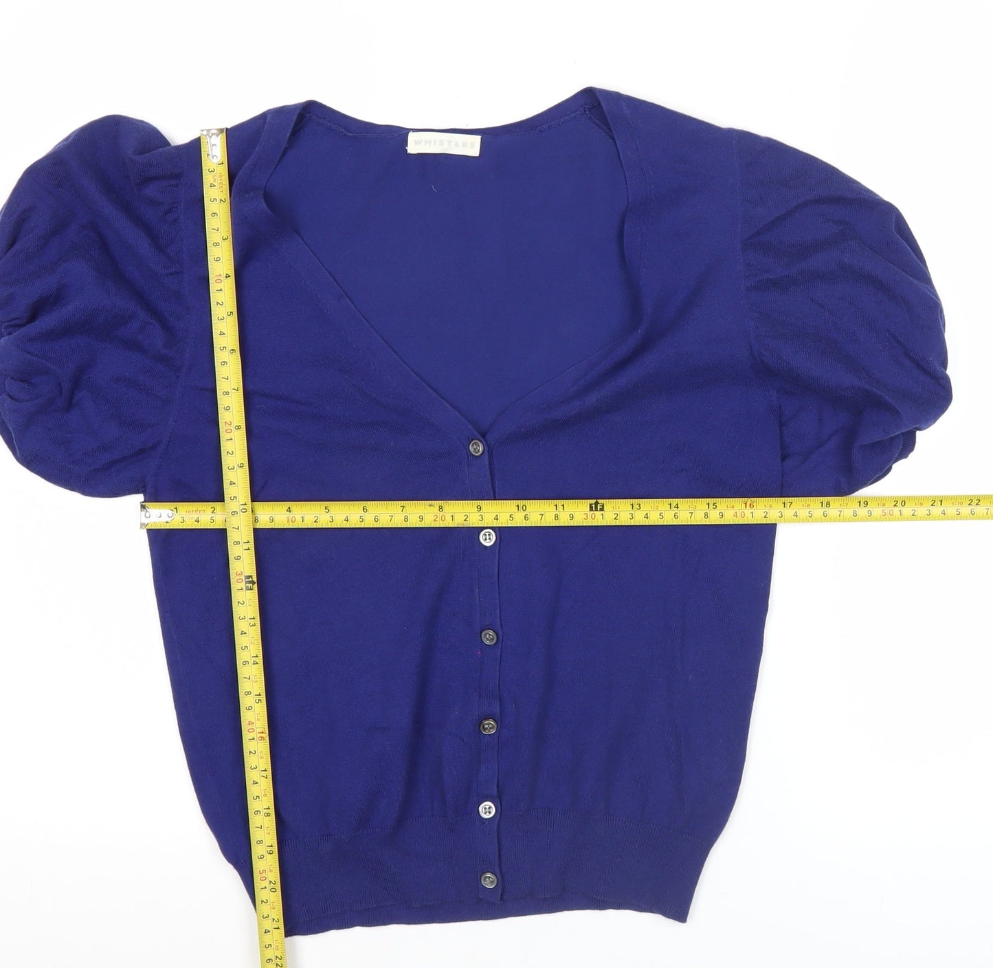 Whistles Womens Blue Size 12 Puff Sleeve V-Neck Cardigan