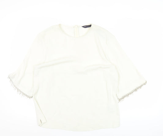 Marks and Spencer Women’s Ivory Blouse Size 12 Beaded Fringe 3/4 Sleeve