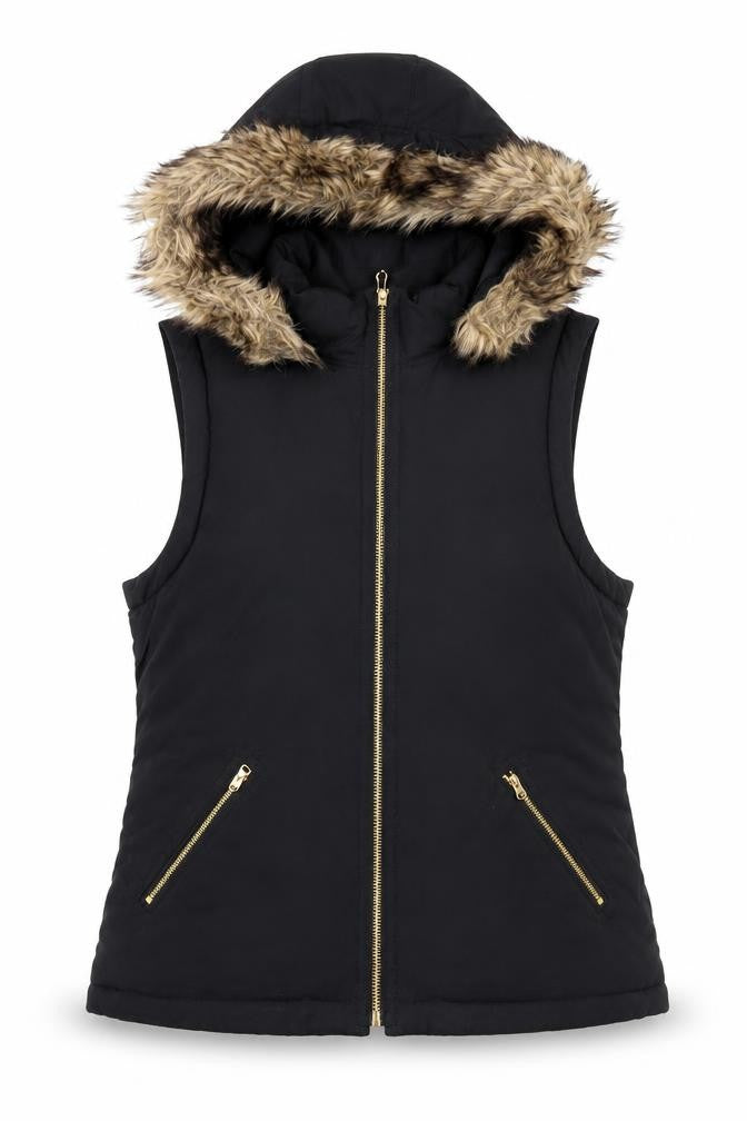 Gap Women’s Black Faux Fur Hooded Puffer Waistcoat Size 8