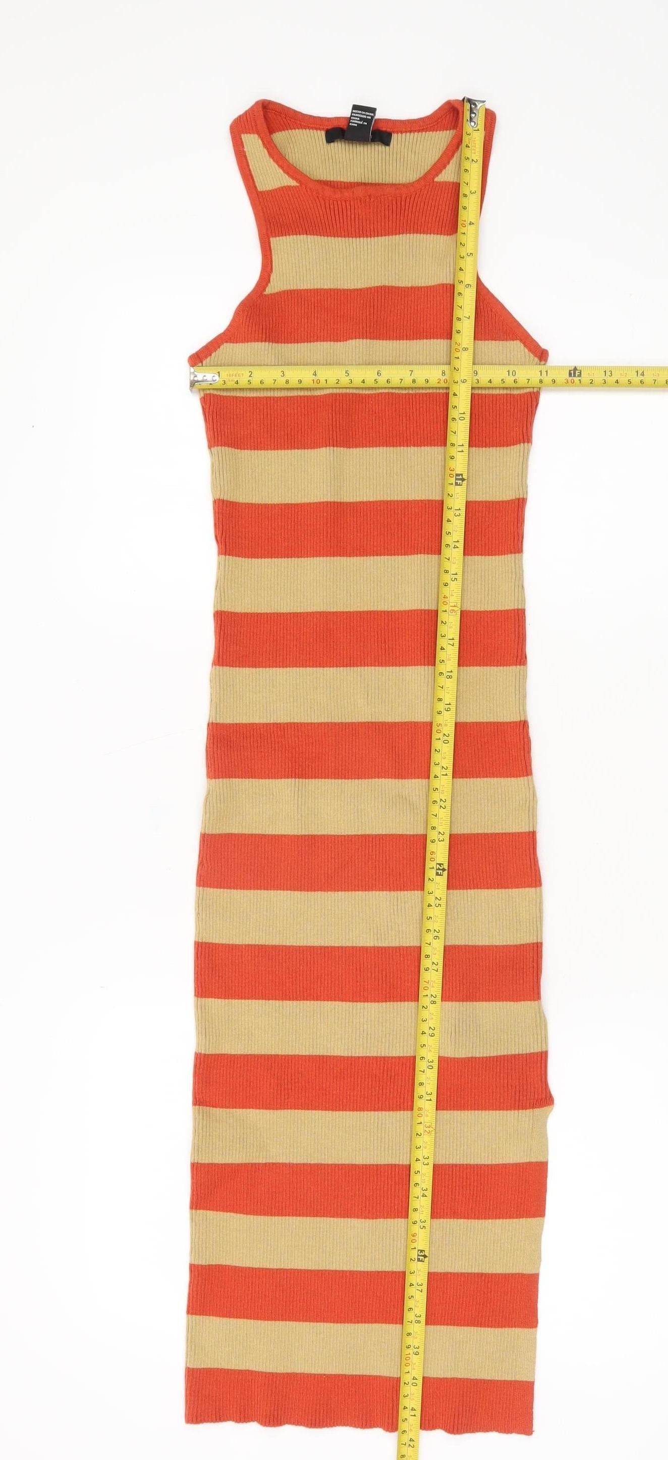 Forever 21 Women Orange Beige Striped Bodycon Knit Midi Dress XS