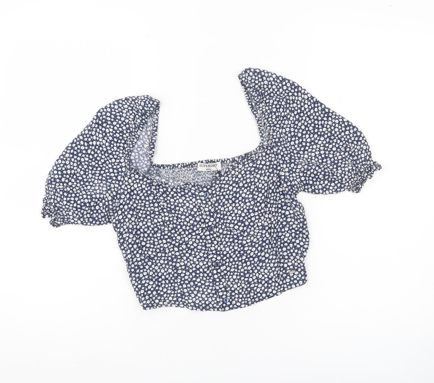 Superdry Women Blue Floral Cropped Blouse Puff Sleeve Size 8