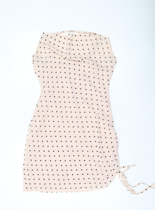 Nasty Gal Women’s Beige Polka Dot Bodycon Dress UK 12 Sleeveless Cowl Neck