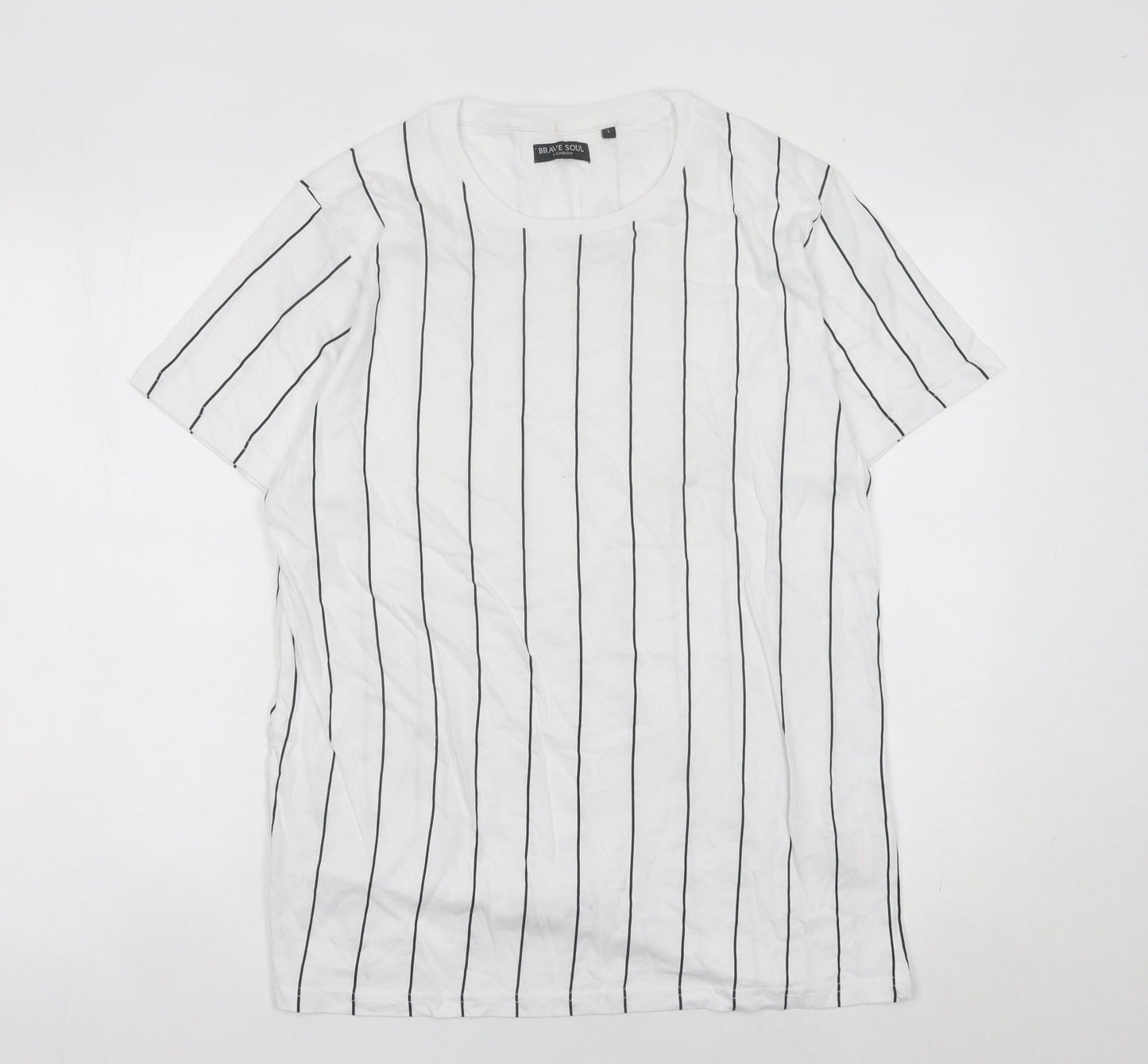 Brave Soul Men's White Striped Cotton Jersey T-Shirt L