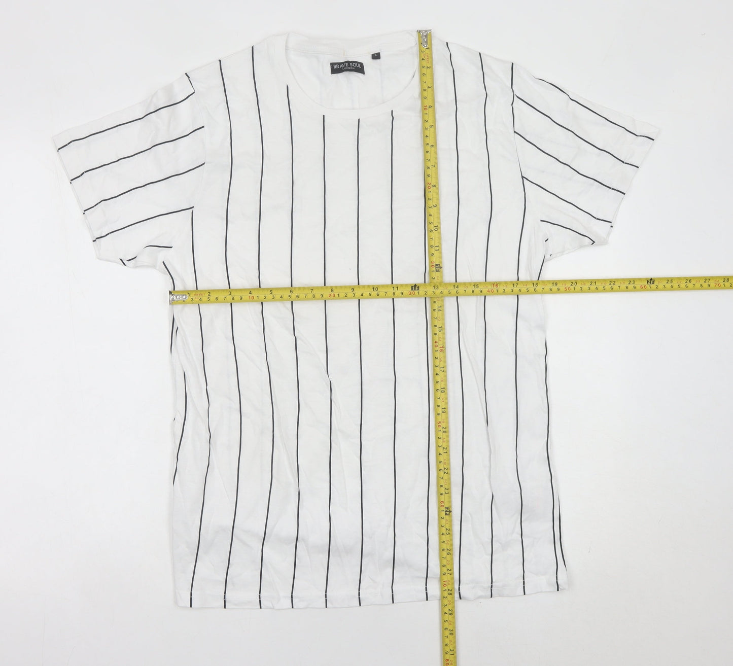 Brave Soul Men's White Striped Cotton Jersey T-Shirt L