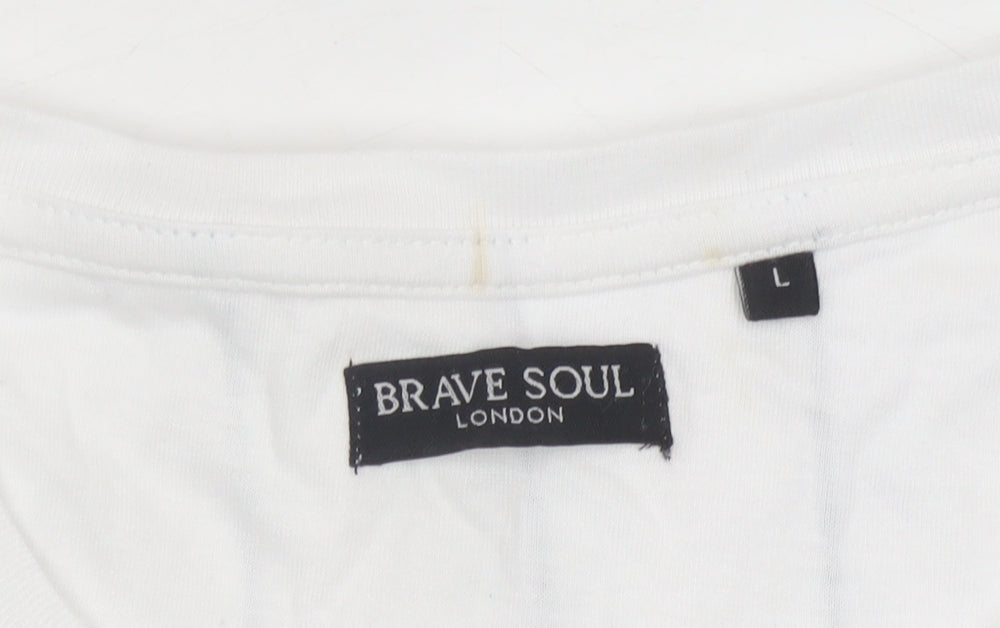 Brave Soul Men's White Striped Cotton Jersey T-Shirt L