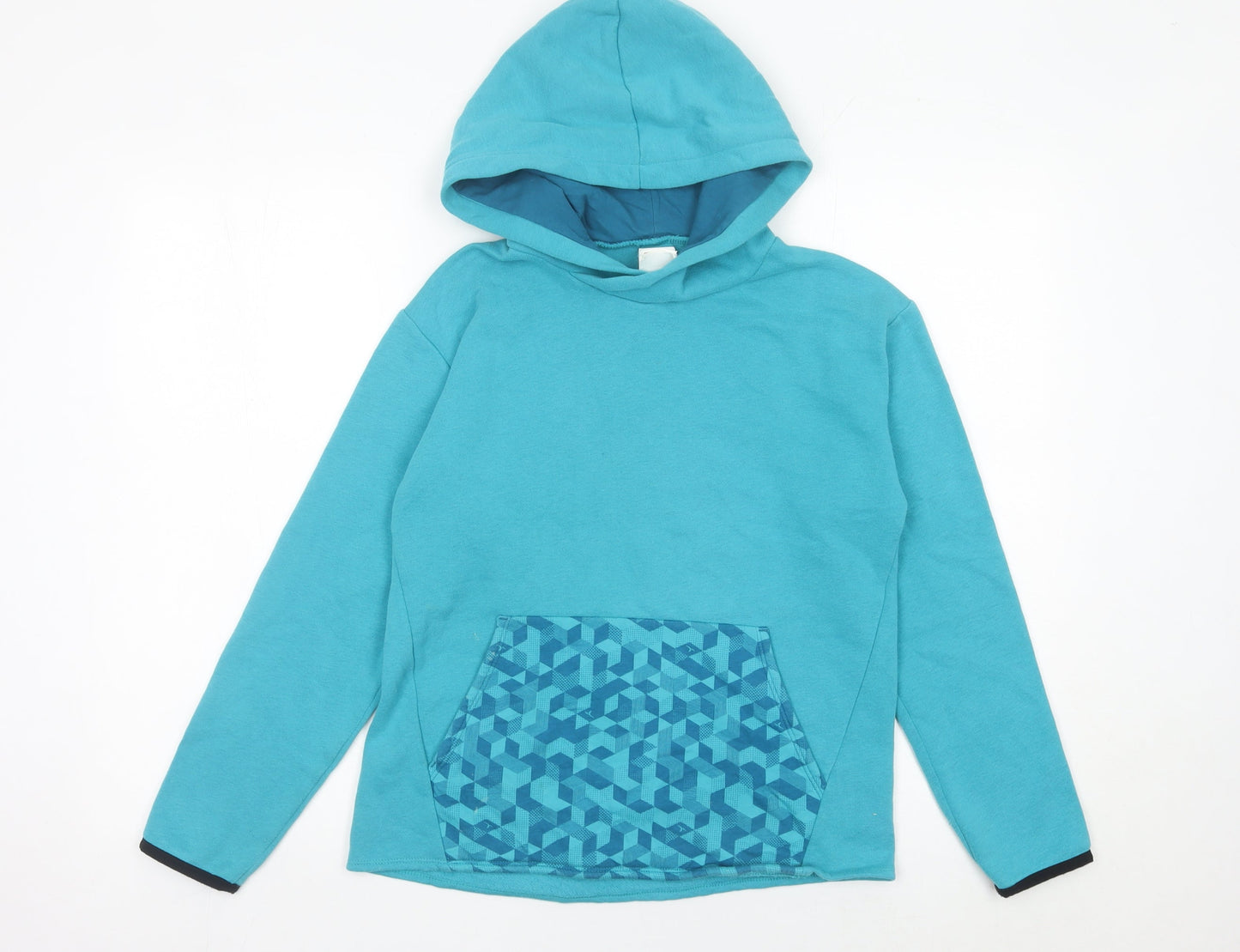 Decathlon Boys Blue Pullover Hoodie 14 Years Geometric Pocket Long Sleeve
