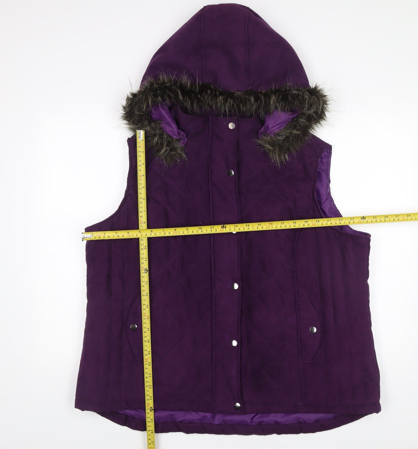EWM Women’s Purple Quilted Waistcoat XL Hooded Fur Trim Sleeveless