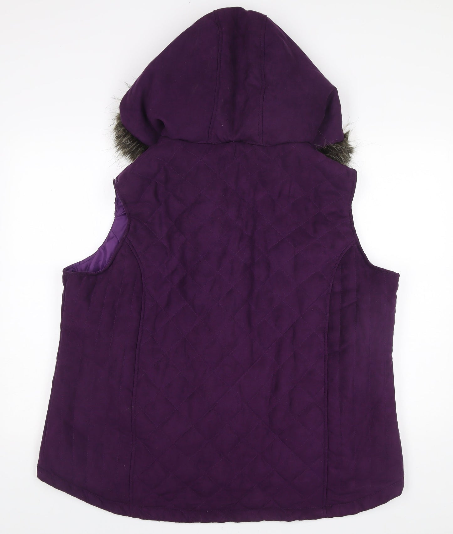 EWM Women’s Purple Quilted Waistcoat XL Hooded Fur Trim Sleeveless