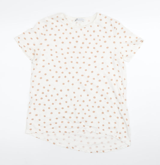 Zara Women White Polka Dot T-Shirt Size S Cotton Casual