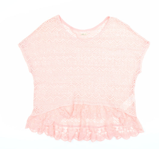 Hollister Women’s Pink Lace Tunic Blouse Size M Scoop Neck Ruffle Trim