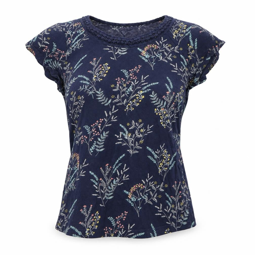 Brakeburn Womens Blue Floral Cotton Crochet Neck T-Shirt Size 10
