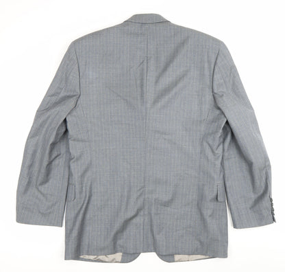 Close-up detail of Jaeger Men’s Grey Pinstripe Wool Blazer Jacket 42R Classic Fit
