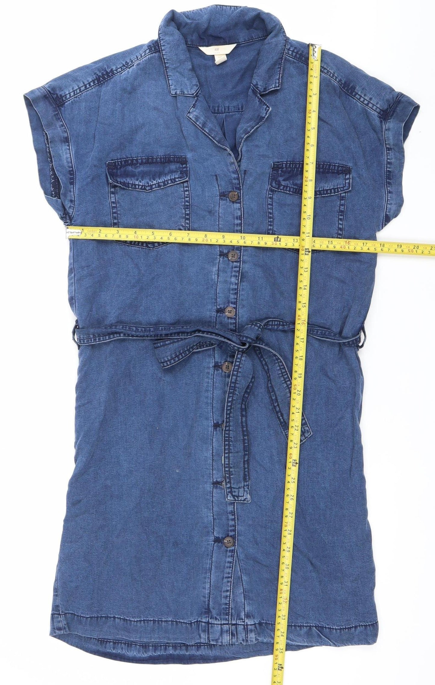H&M Women’s Blue Shirt Dress UK 8 Short Sleeve Belted Casual Workwear