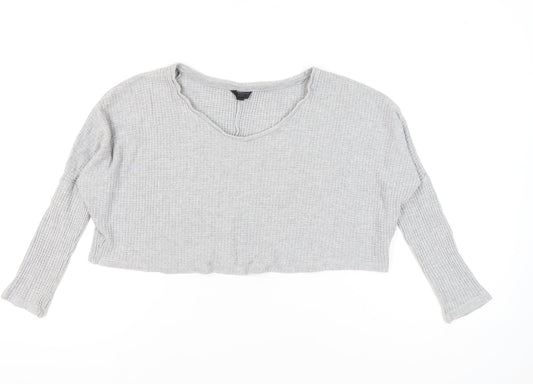 Topshop Women Grey UK 4 Cropped Long Sleeve V-Neck Knit Top